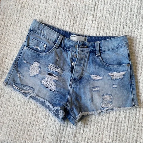 Zara trafaluc denim distressed hi-rise raw hem jean shorts acid light wash sz 00 - Picture 6 of 6